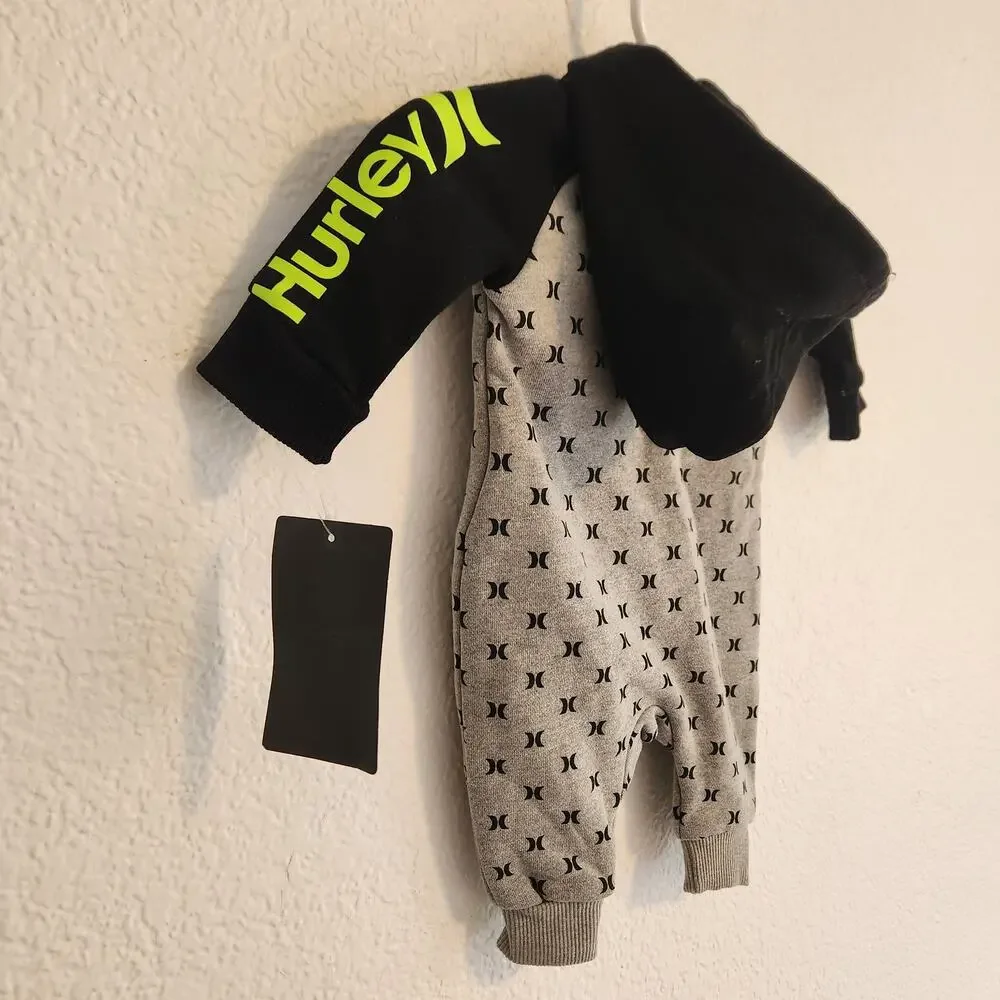 Hurley Baby Size Newborn Black/Grey/Green Logo Full Zip Hooded One‎ Piece NWT